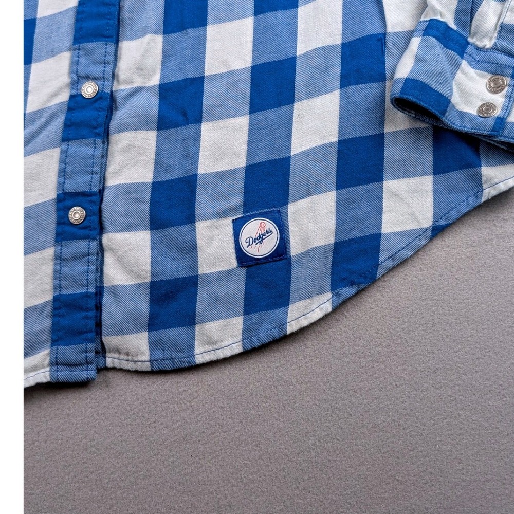 Levis MLB Los Angeles‎ Dodgers Flannel Shirt Womens XL Blue White Buffalo Plaid - Picture 4 of 5